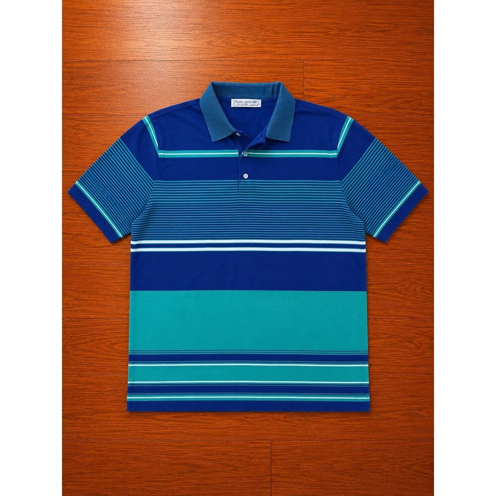 Vintage John Ashford Golf Polo Shirt Mens XL Blue Teal Striped Casual